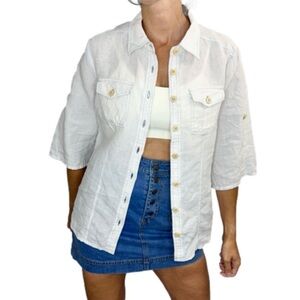 Simons Contemporaine 100% linen white 3/4 length sleeve button up top 6